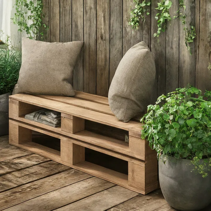 Teras rustic dengan bangku kayu palet berpenyimpanan