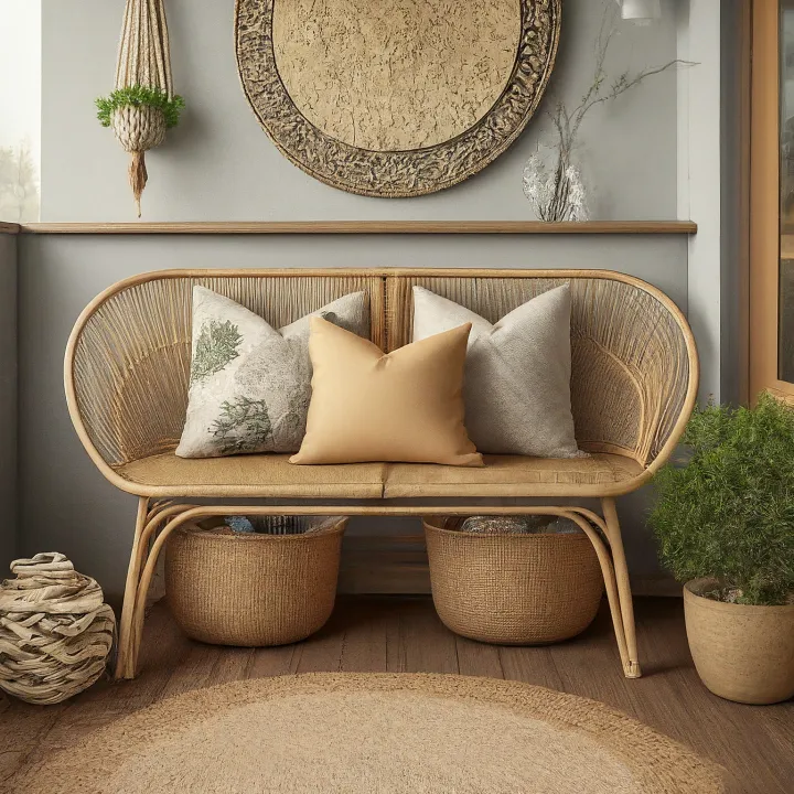 Teras Bohemian dengan bangku rotan alami ber-storage