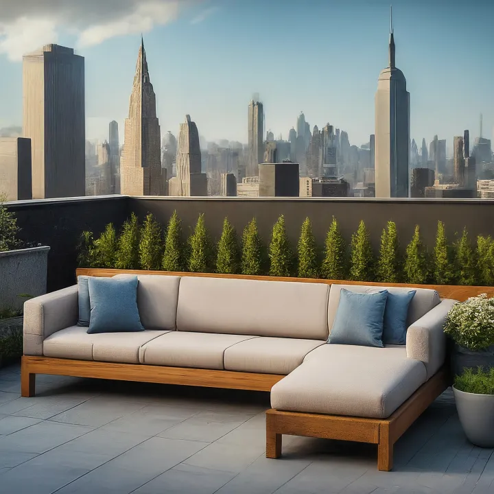 Teras rooftop dengan bangku storage elegan dan pemandangan kota