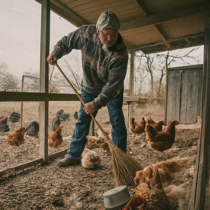 Peternak sedang membersihkan kandang ayam secara menyeluruh, membersihkan kotoran dan menyapu