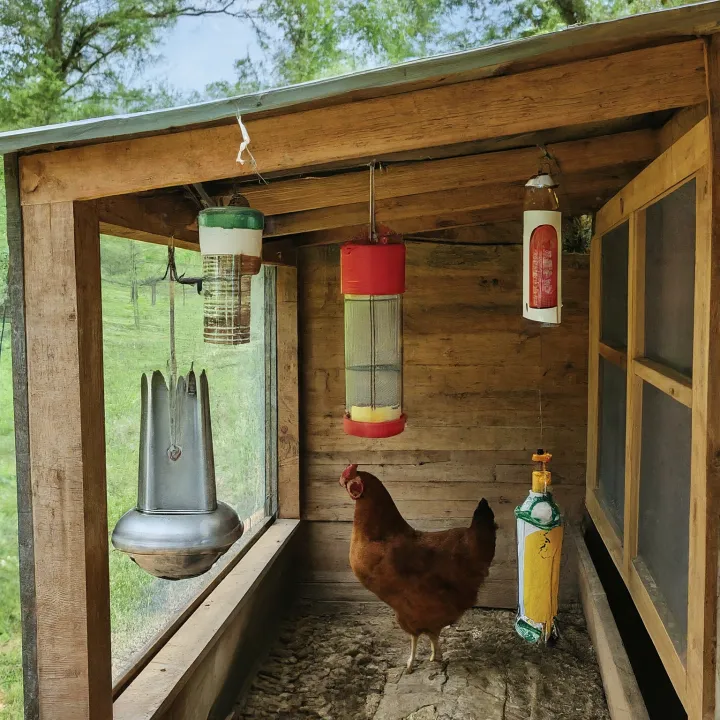 Berbagai perangkap lalat (perangkap lengket, zapper listrik, perangkap botol) ditempatkan secara strategis di dalam atau dekat kandang ayam