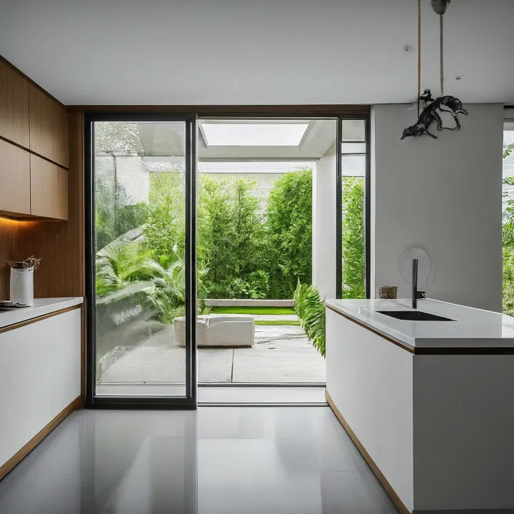 Dapur minimalis dengan pintu geser kaca menuju taman belakang