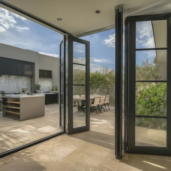 Dapur semi-outdoor dengan pintu lipat terbuka ke teras