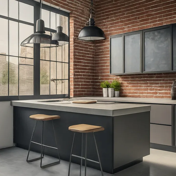 Dapur industrial modern dengan pintu belakang kaca hitam