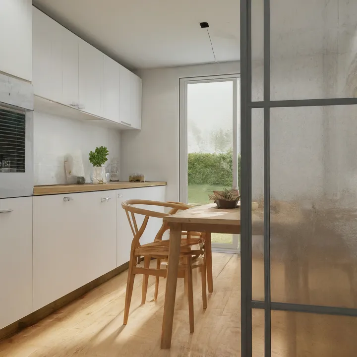 Dapur Scandinavian dengan pintu belakang ke area BBQ