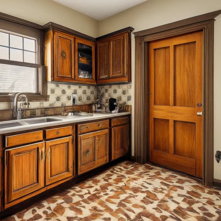 Dapur tradisional dengan pintu kayu menuju area cuci