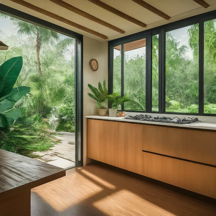 Dapur modern tropis dengan pintu geser lebar untuk ventilasi silang