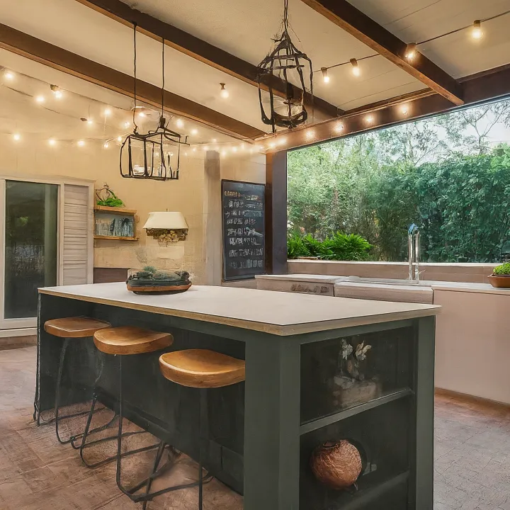 Dapur terbuka gaya kafe dengan island menghadap teras belakang