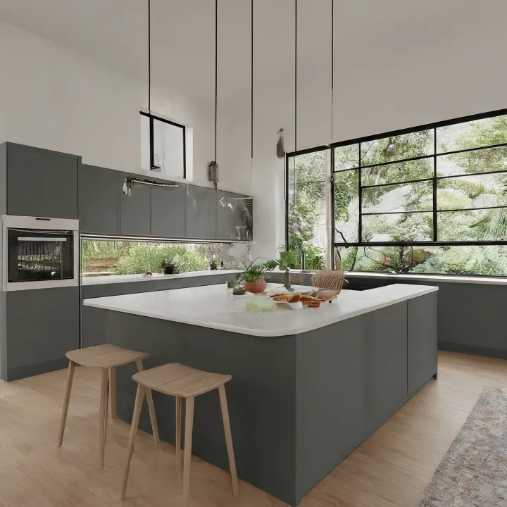 Dapur dengan island menghadap pintu belakang dan pemandangan taman