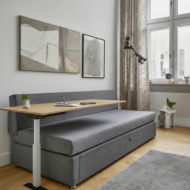 wall bed sofa dengan meja lipat terintegrasi untuk kerja atau makan