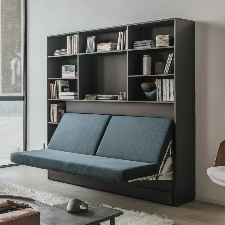 wall bed sofa vertikal dengan rak buku dan penyimpanan