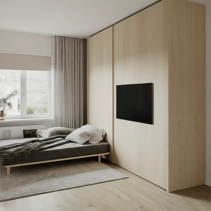 wall bed sofa gaya skandinavia dengan sentuhan alami dan cerah