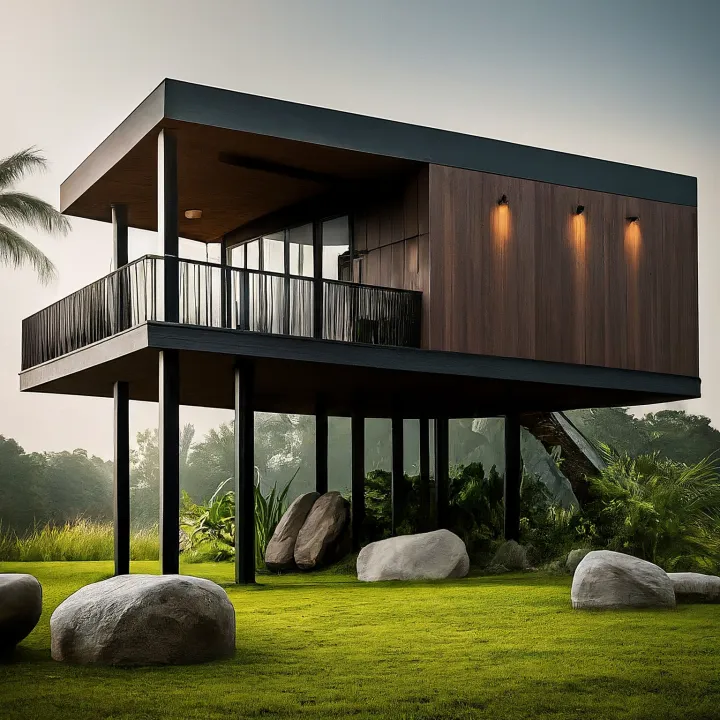 Model rumah panggung modern dengan material baja dan kayu