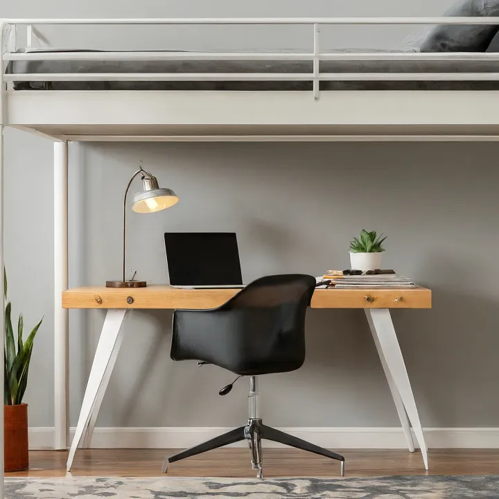 Loft bed dengan area kerja minimalis di bawahnya