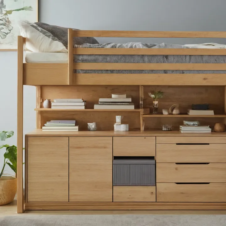 Loft bed dengan banyak laci dan lemari penyimpanan di bawah