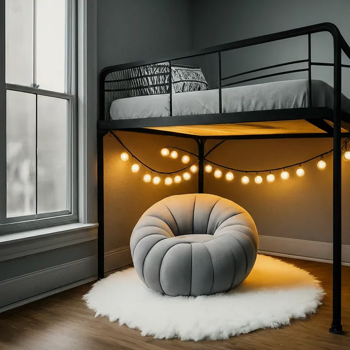 Ruang santai dengan bean bag dan lampu tumblr di bawah loft bed