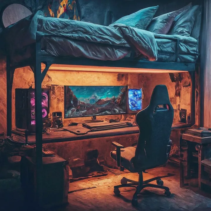 Setup gaming lengkap dengan lampu RGB di bawah loft bed