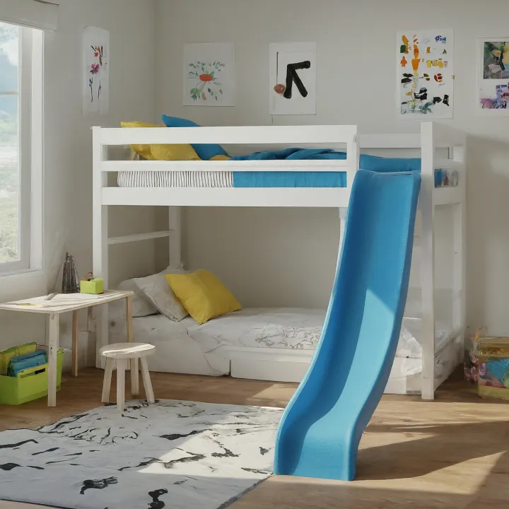 Loft bed anak dengan perosotan dan area bermain di bawah