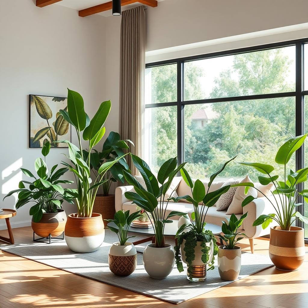 Tanaman hias indoor monstera dan snake plant di ruang tamu minimalis