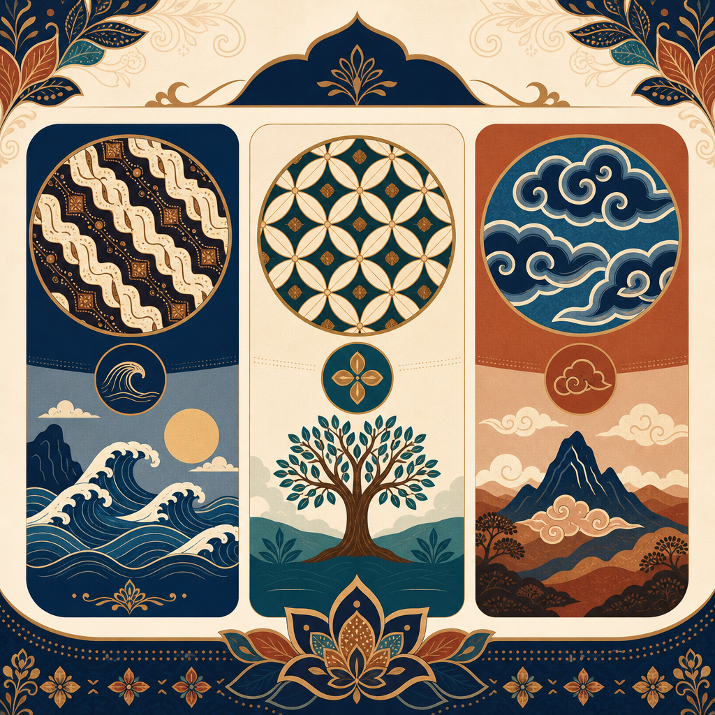 Ilustrasi makna motif batik parang kawung dan megamendung