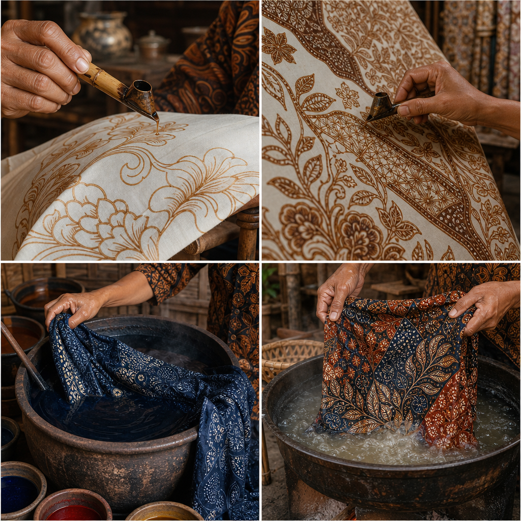 Proses pembuatan batik dengan canting malam dan pewarna