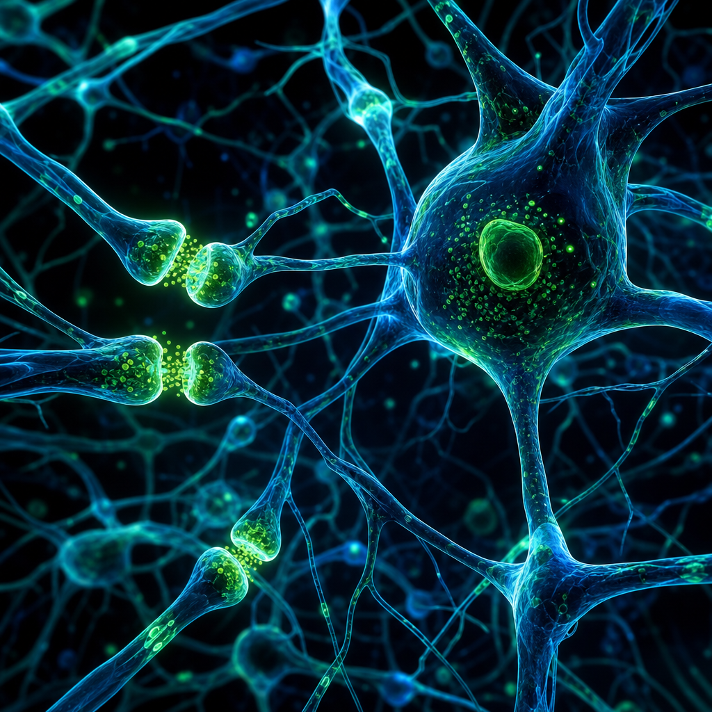 Ilustrasi mikroskopis neuron dan sinapsis di otak manusia