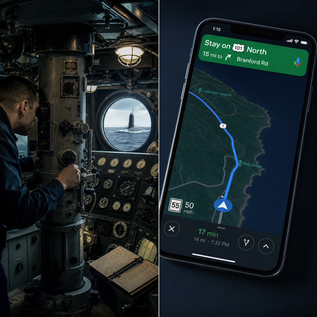 Kontras antara kapal selam militer era Perang Dingin dan navigasi GPS modern di smartphone