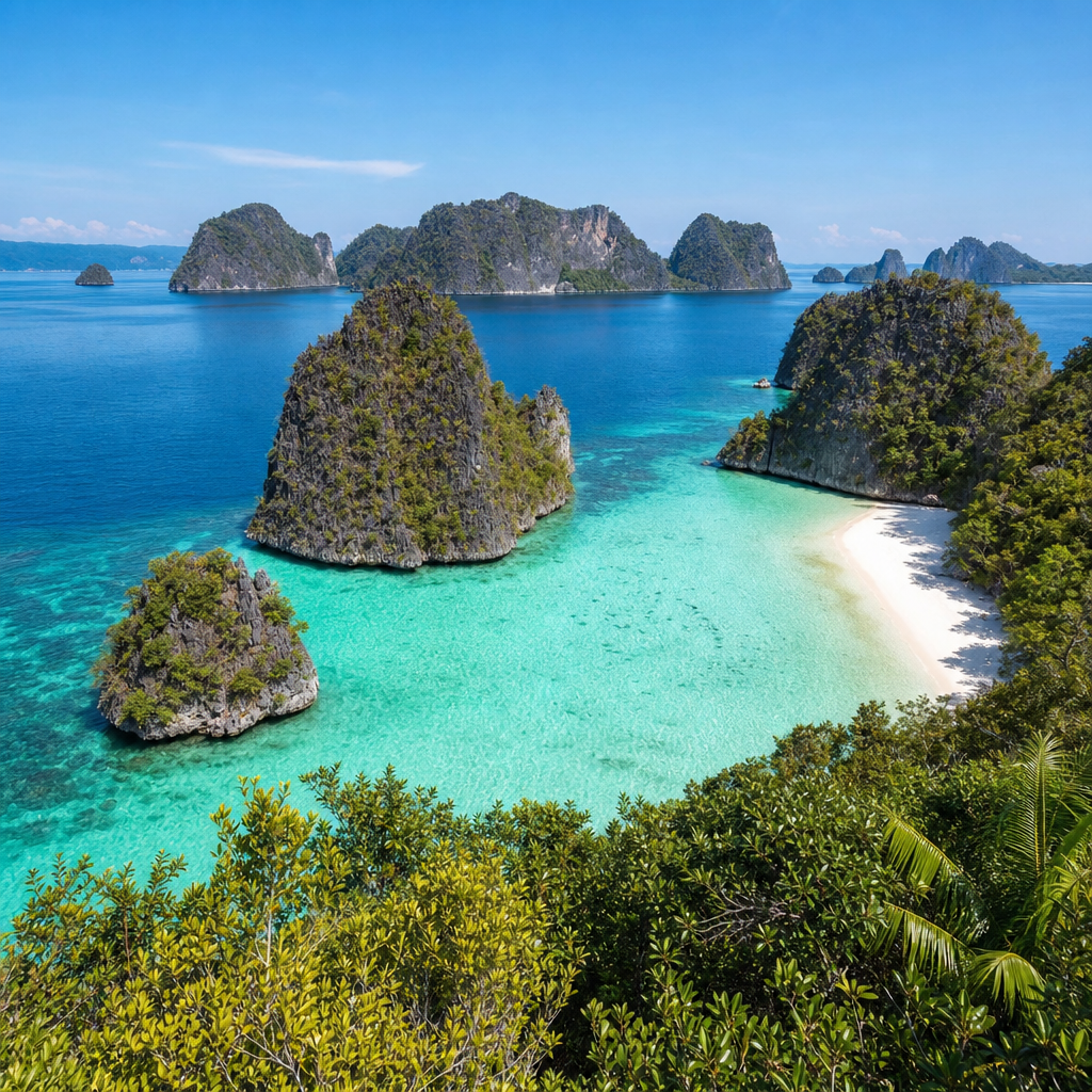 Pantai Maluku dan Papua dengan pulau karst dan air sebening kaca