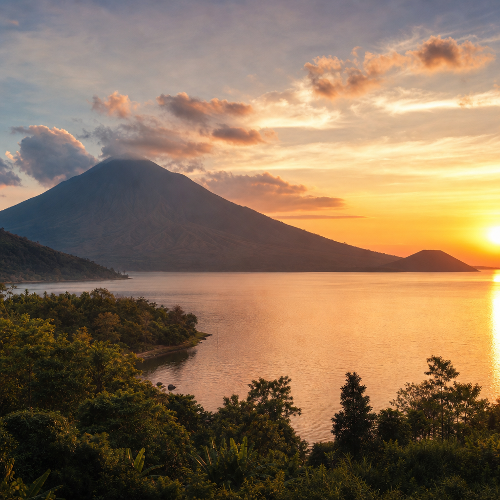 Ilustrasi Gunung Seminung, Danau Ranau, dan kawasan Anak Krakatau