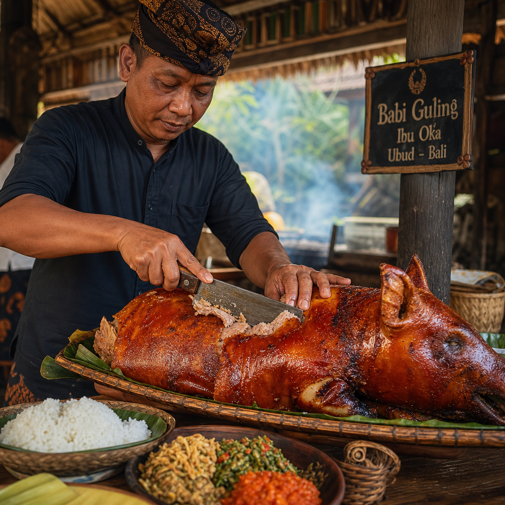 Street food Bali dengan babi guling dan hidangan khas Bali