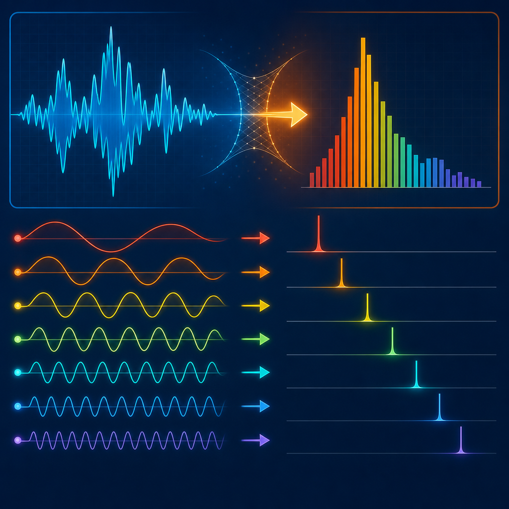 Visualisasi konsep transformasi Fourier dan dekomposisi gelombang menjadi spektrum frekuensi