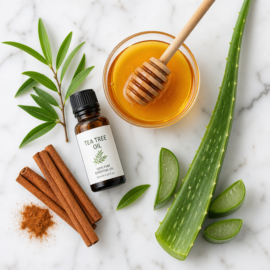 Bahan alami untuk menghilangkan jerawat: tea tree oil, madu, lidah buaya