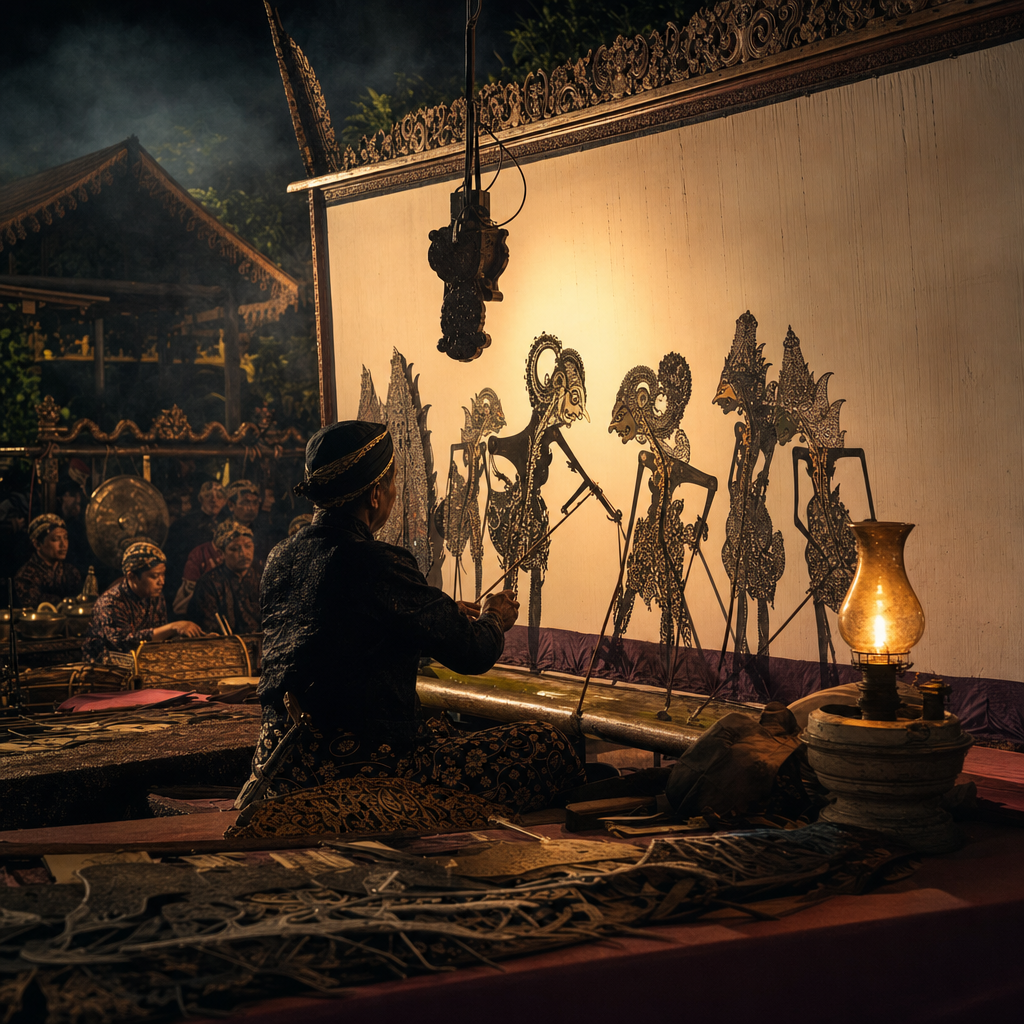 Pertunjukan wayang kulit Jawa dan dalang