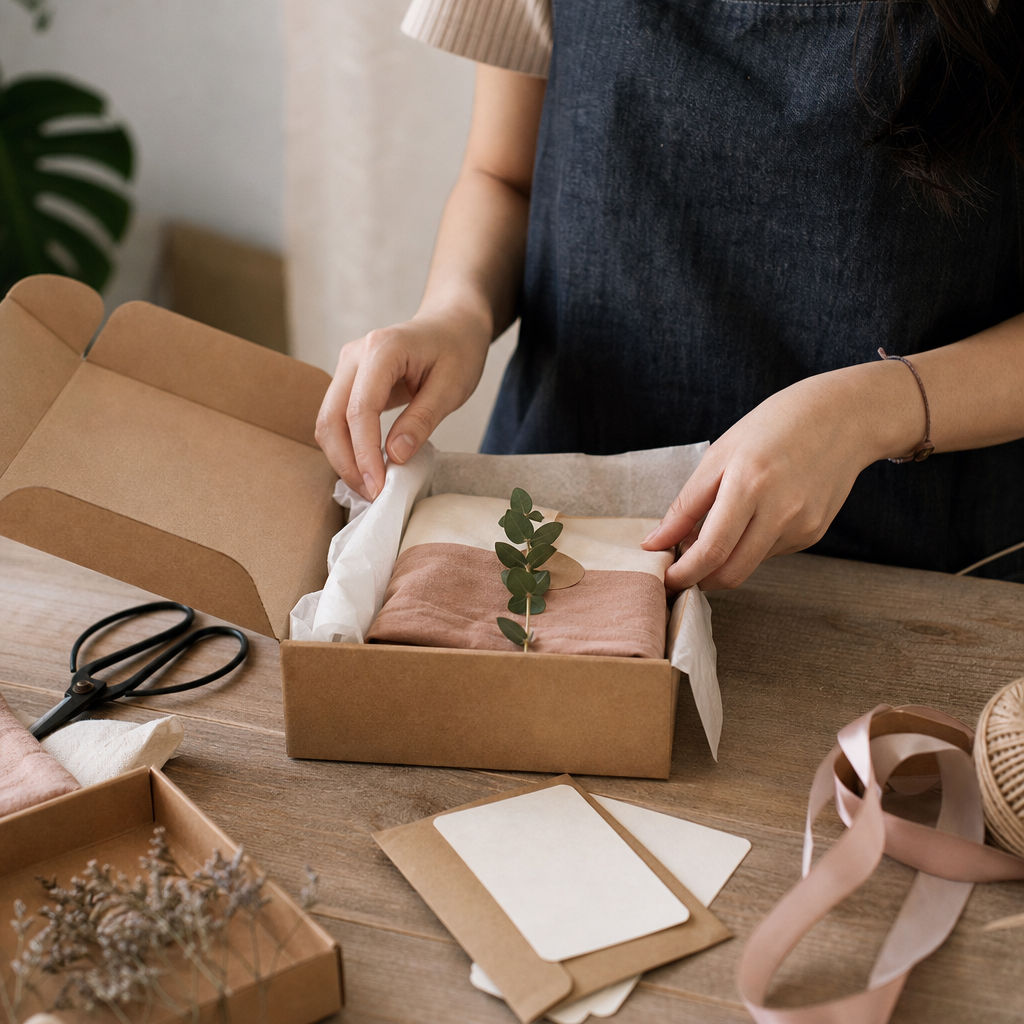 Tangan milenial sedang packing produk di kotak kraft dengan kartu terima kasih