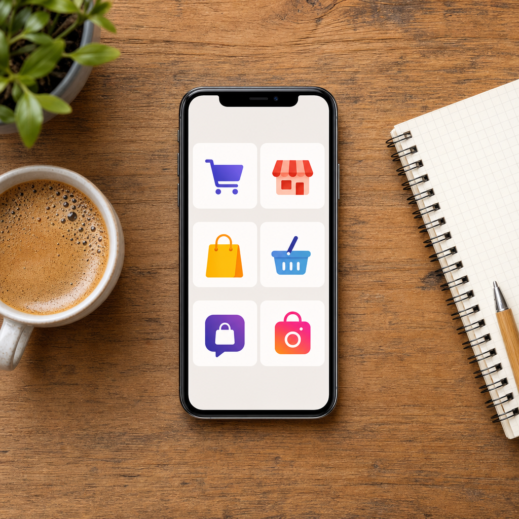 Flat lay ikon marketplace dan social media shop di meja kerja dengan kopi