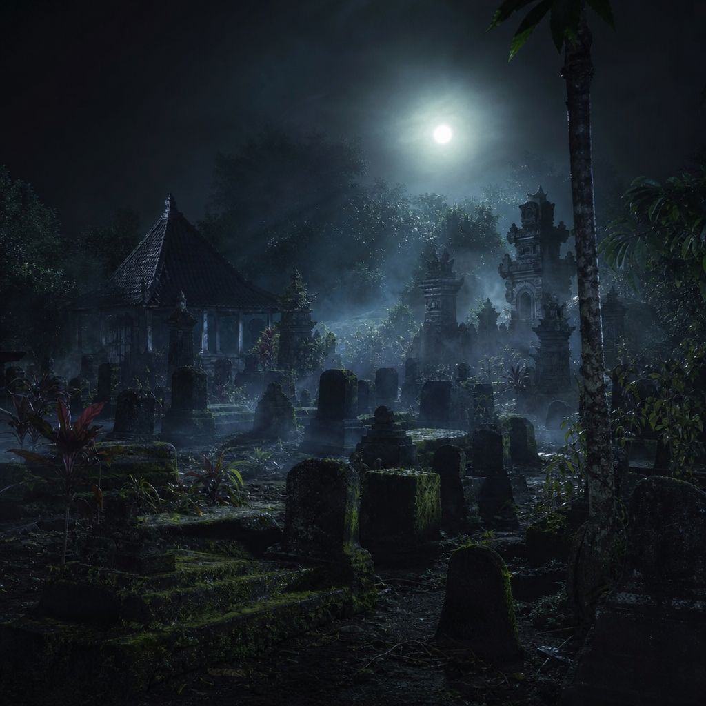 Atmosfer mistis kuburan Jawa dengan kabut dan cahaya bulan untuk film horor