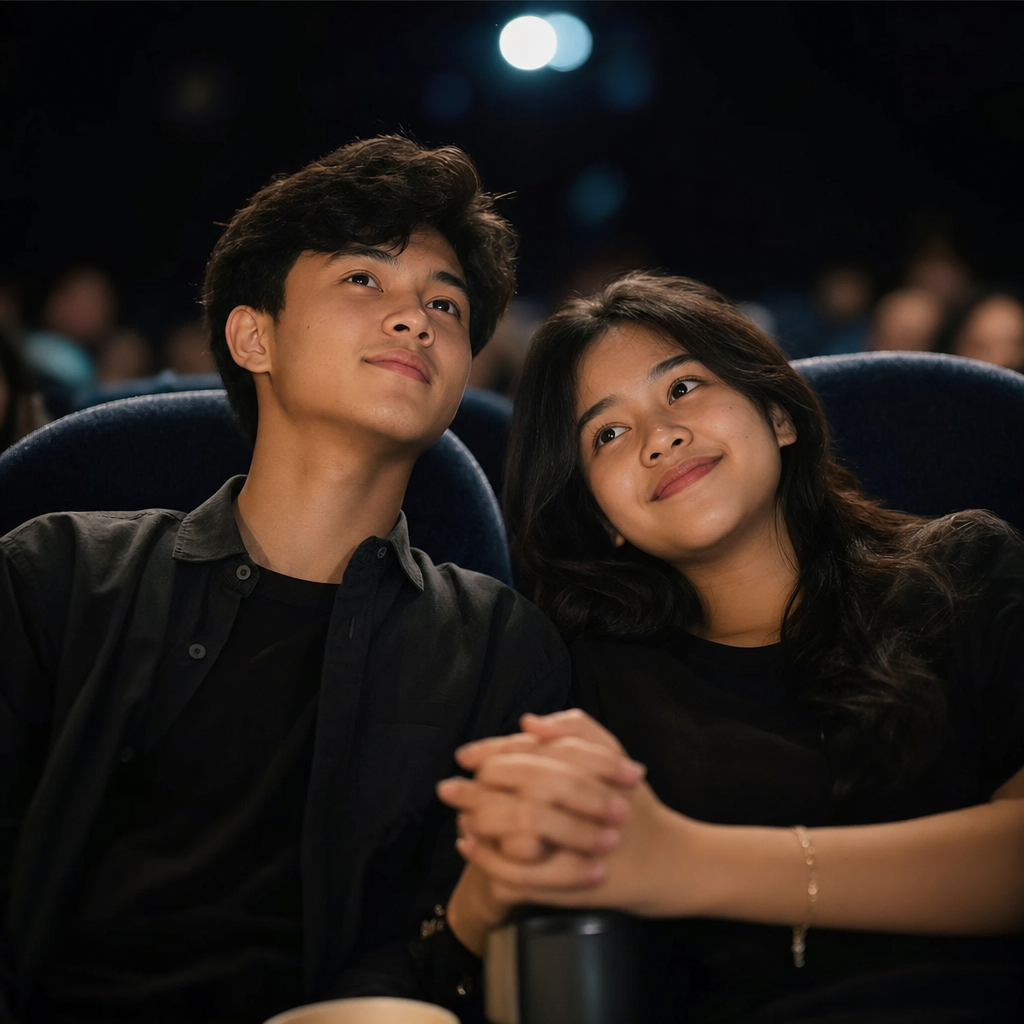 Pasangan remaja Indonesia menonton film romantis di bioskop dengan layar terang