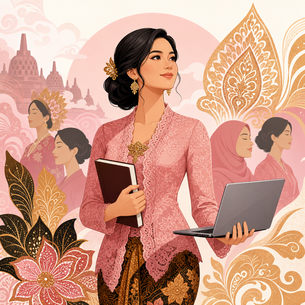 Ilustrasi perempuan Indonesia modern dengan kebaya dan laptop dikelilingi motif batik