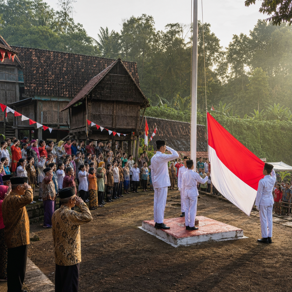 Perayaan hari kemerdekaan Indonesia dengan dekorasi merah putih di desa