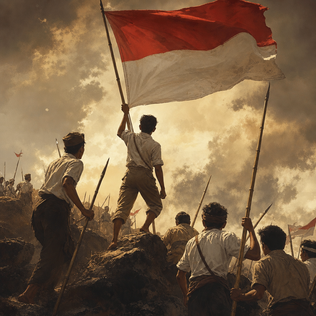 Ilustrasi pejuang kemerdekaan Indonesia era 1945 dengan bambu runcing