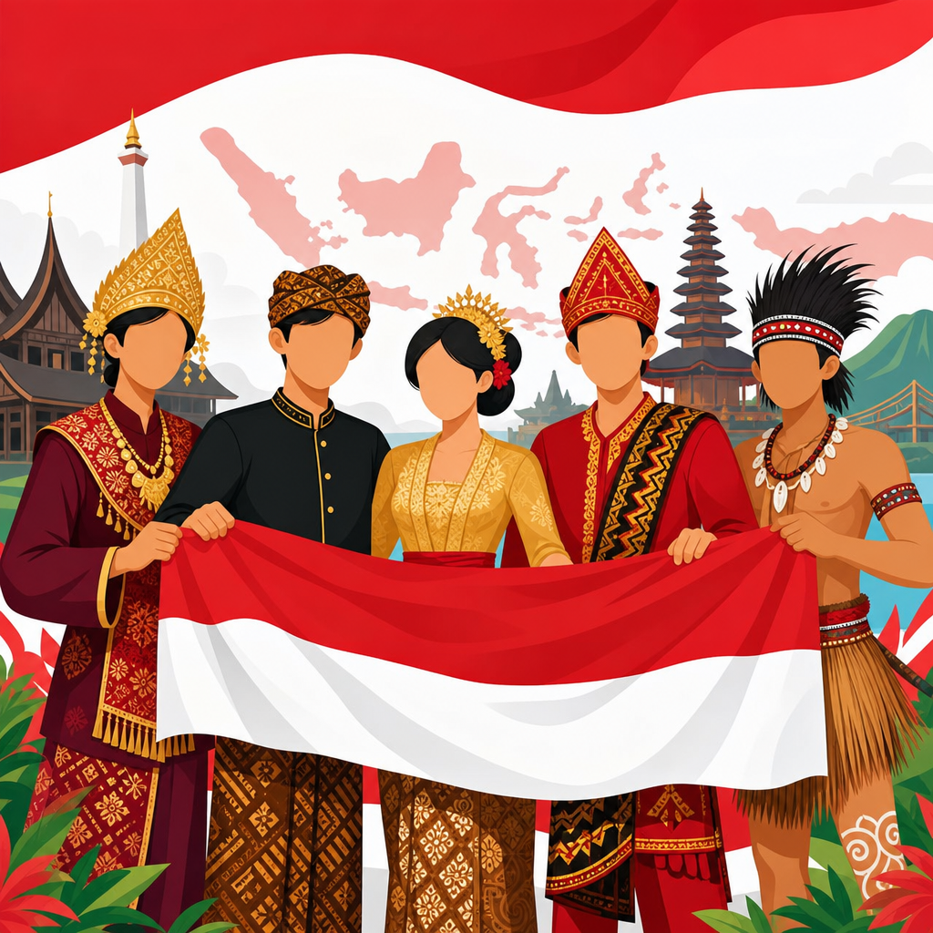 Ilustrasi pemuda Indonesia dari berbagai daerah memegang bendera bersama