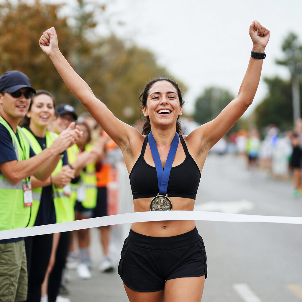 Pelari pemula bahagia menyentuh garis finish lomba 5K dengan medali