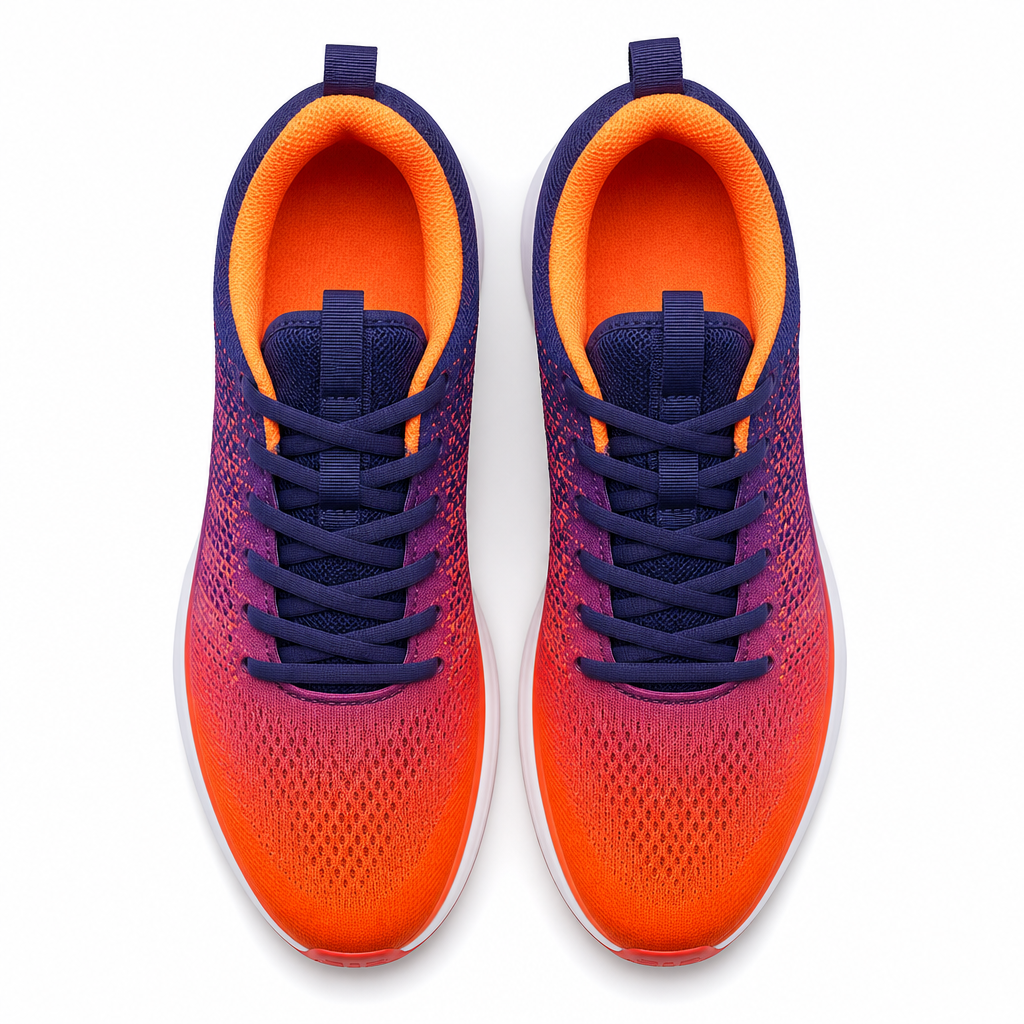 Sepatu lari modern berbagai warna di lintasan track dari atas
