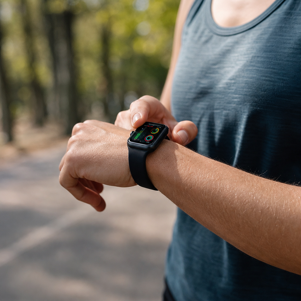 Pelari memeriksa smartwatch fitness tracker dengan metrics lari