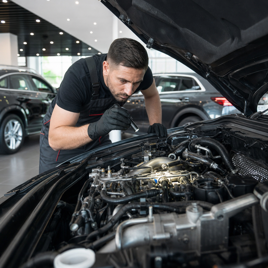 Mekanik profesional memeriksa mesin mobil bekas dengan senter di showroom