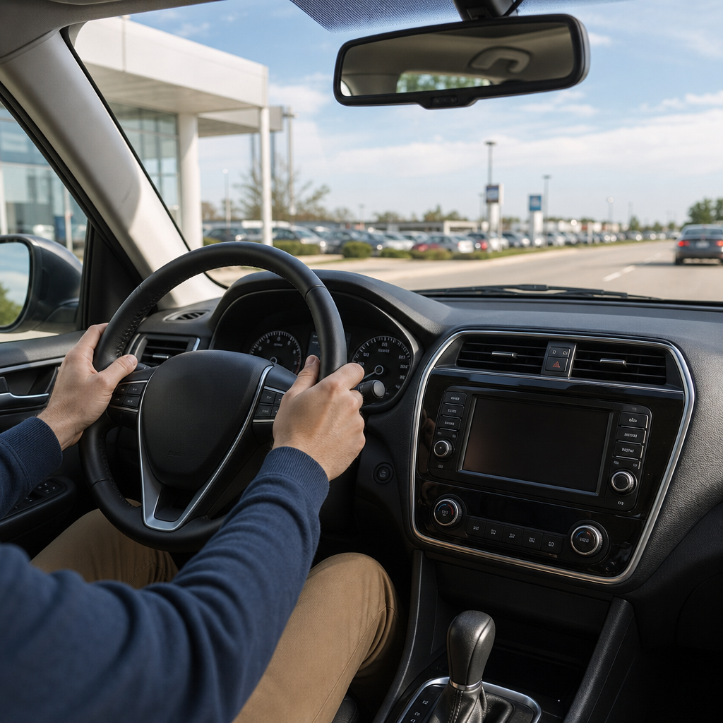 Pengemudi melakukan test drive mobil bekas dengan tangan di setir