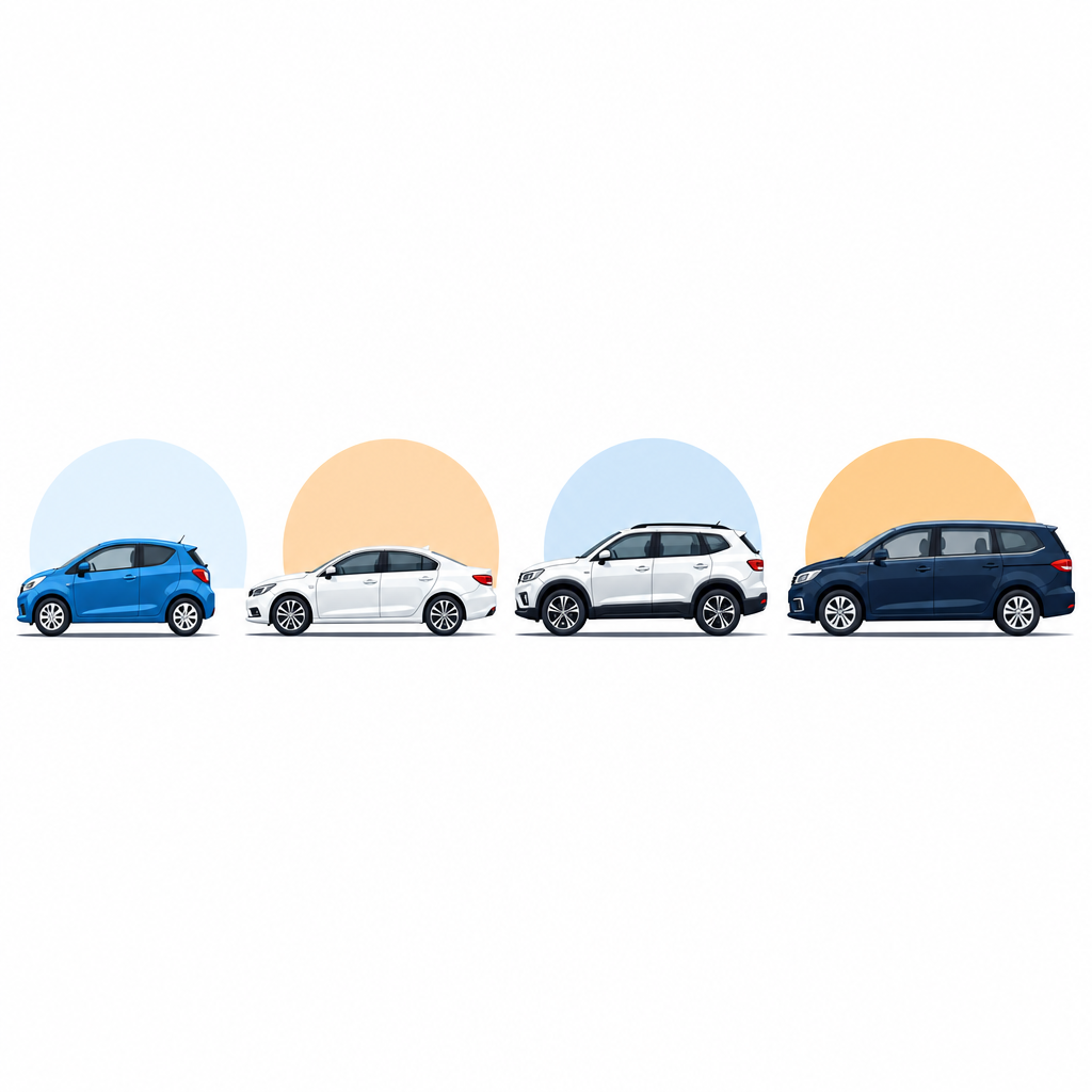 Perbandingan 4 jenis mobil: city car, sedan, SUV, dan MPV dalam ilustrasi flat modern