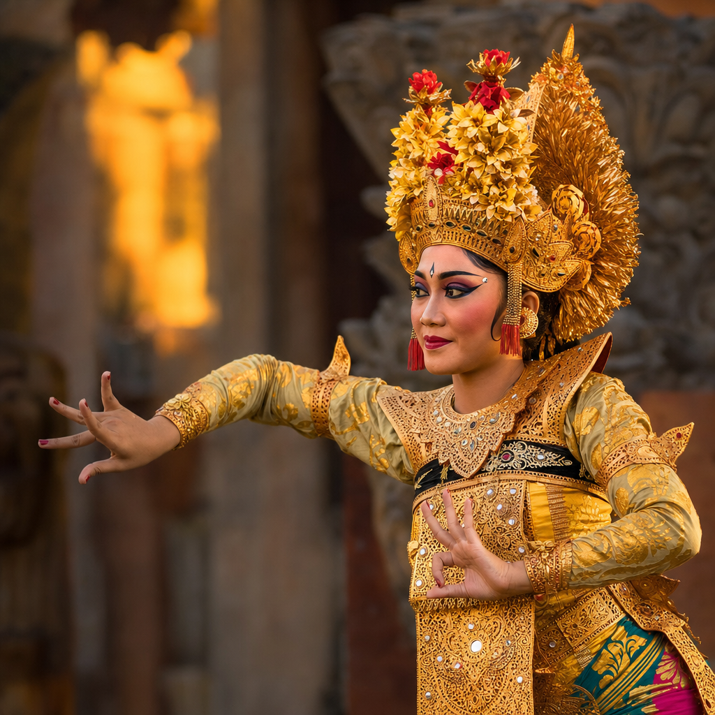 Penari Legong Bali dengan kostum emas dan mahkota bunga melaksanakan mudra tangan tradisional