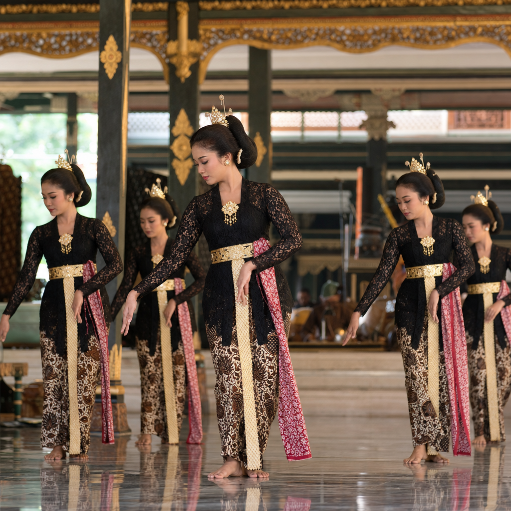 Penari Bedhaya keraton Yogyakarta dalam pose anggun di Pendopo dengan kebaya dan batik