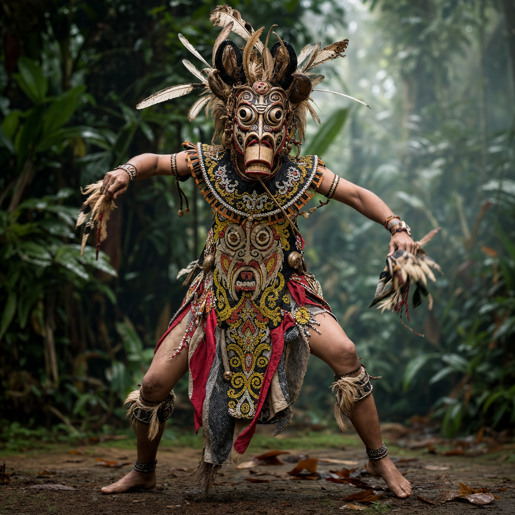 Penari Hudoq Dayak Kenyah memakai topeng burung enggang dan manik-manik tradisional